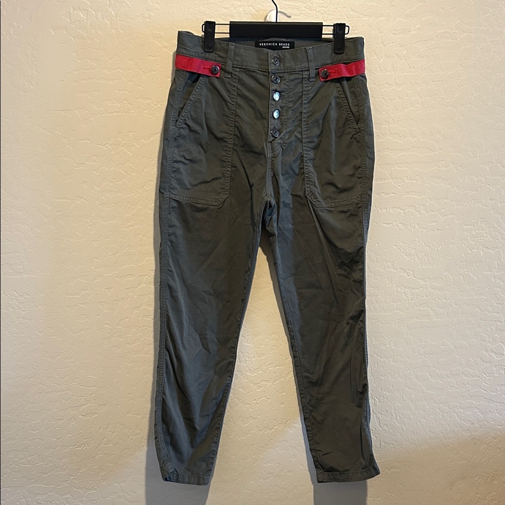 Veronica Beard Khaki Cargo Pants with Crimson Details